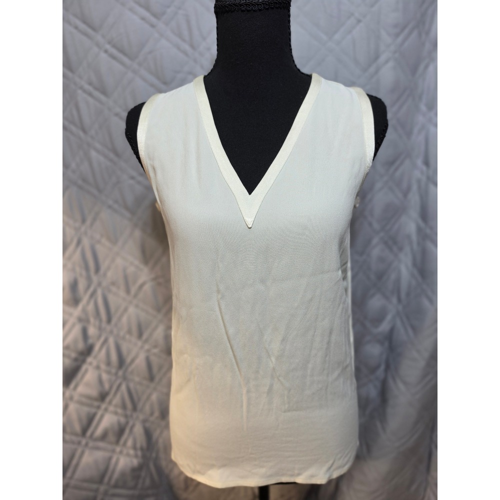 Saint Laurent Rive Gauche Cream V-Neck Sleeveless Top Satin Trim Size 34 France